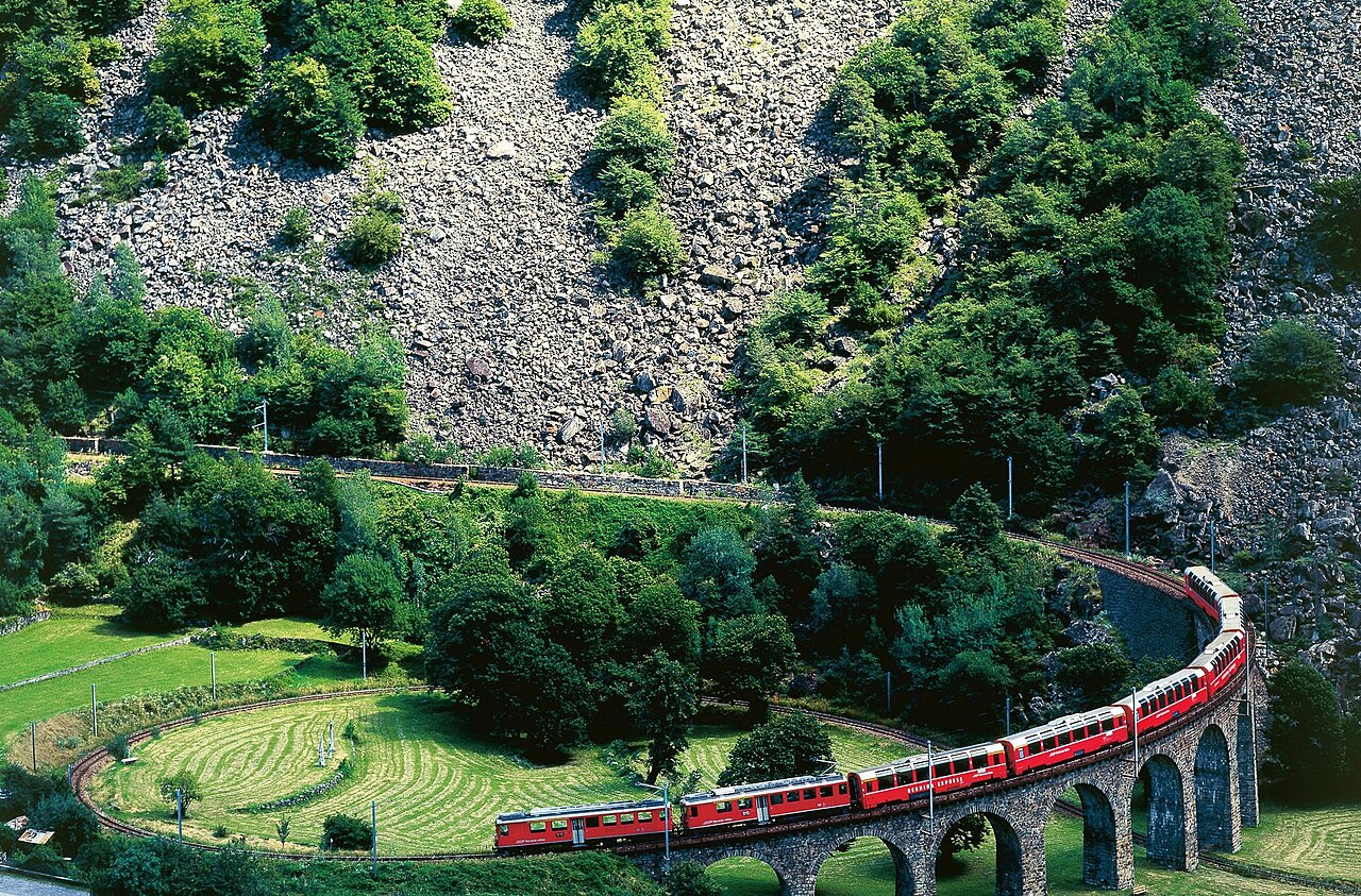 Bernina Express crossing the 360-degree Brusio Spiral Viaduct